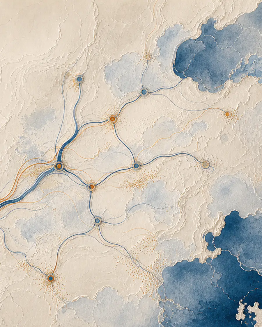 A clear network of navy and orange routes opening across a tactile paper map.