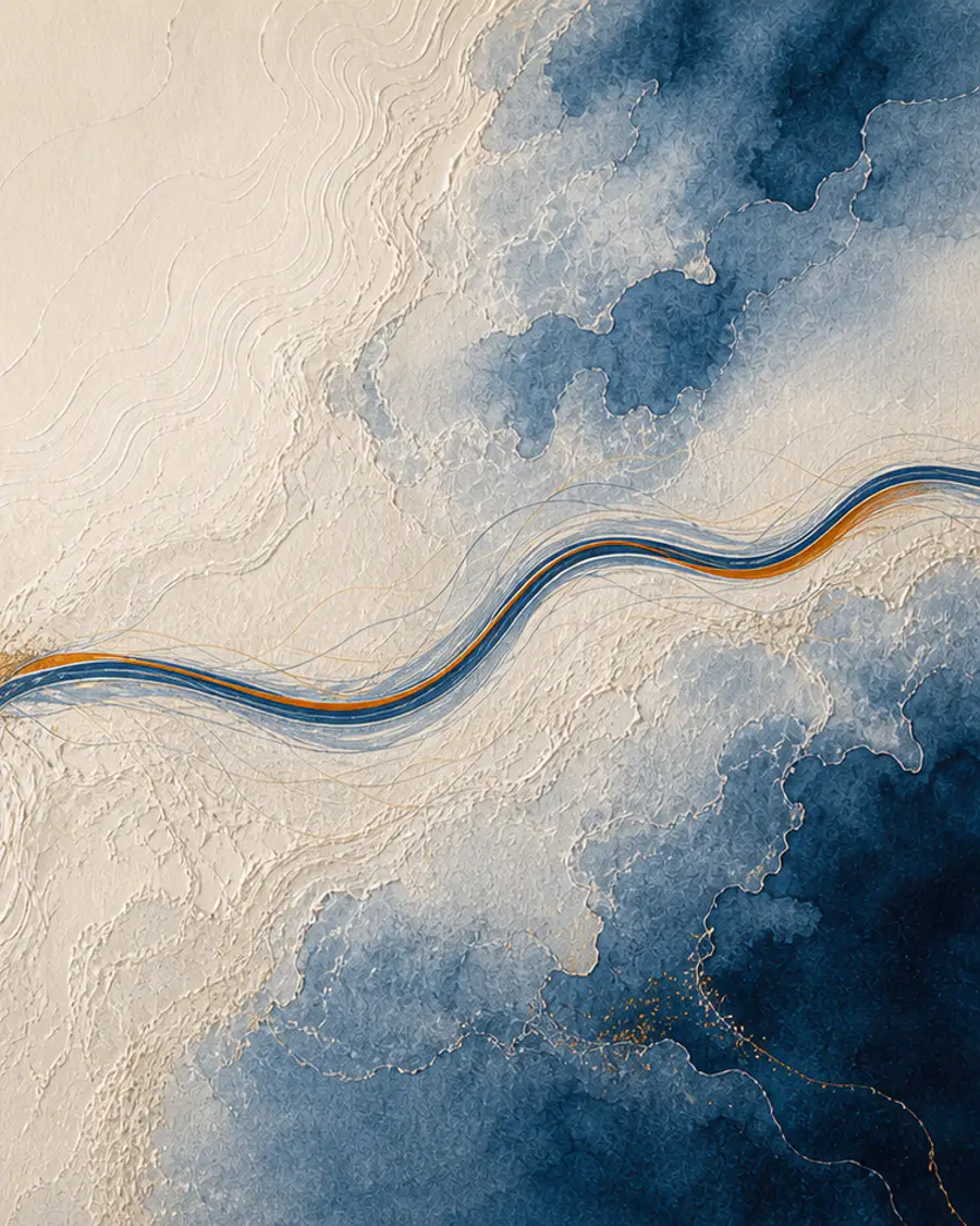 Navy and orange routes converging into one confident path through a quiet paper confluence.