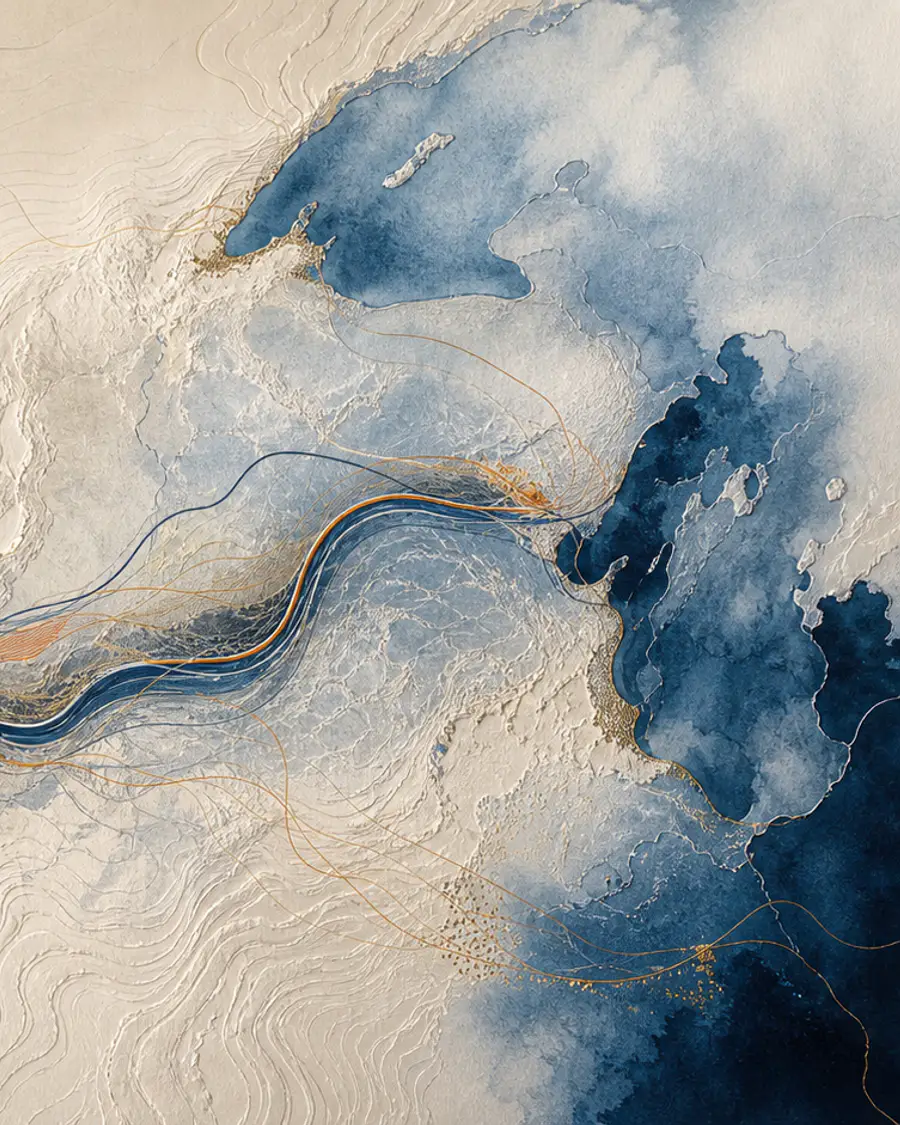 Editorial cartography connecting a three-river confluence with a Great Lakes horizon.