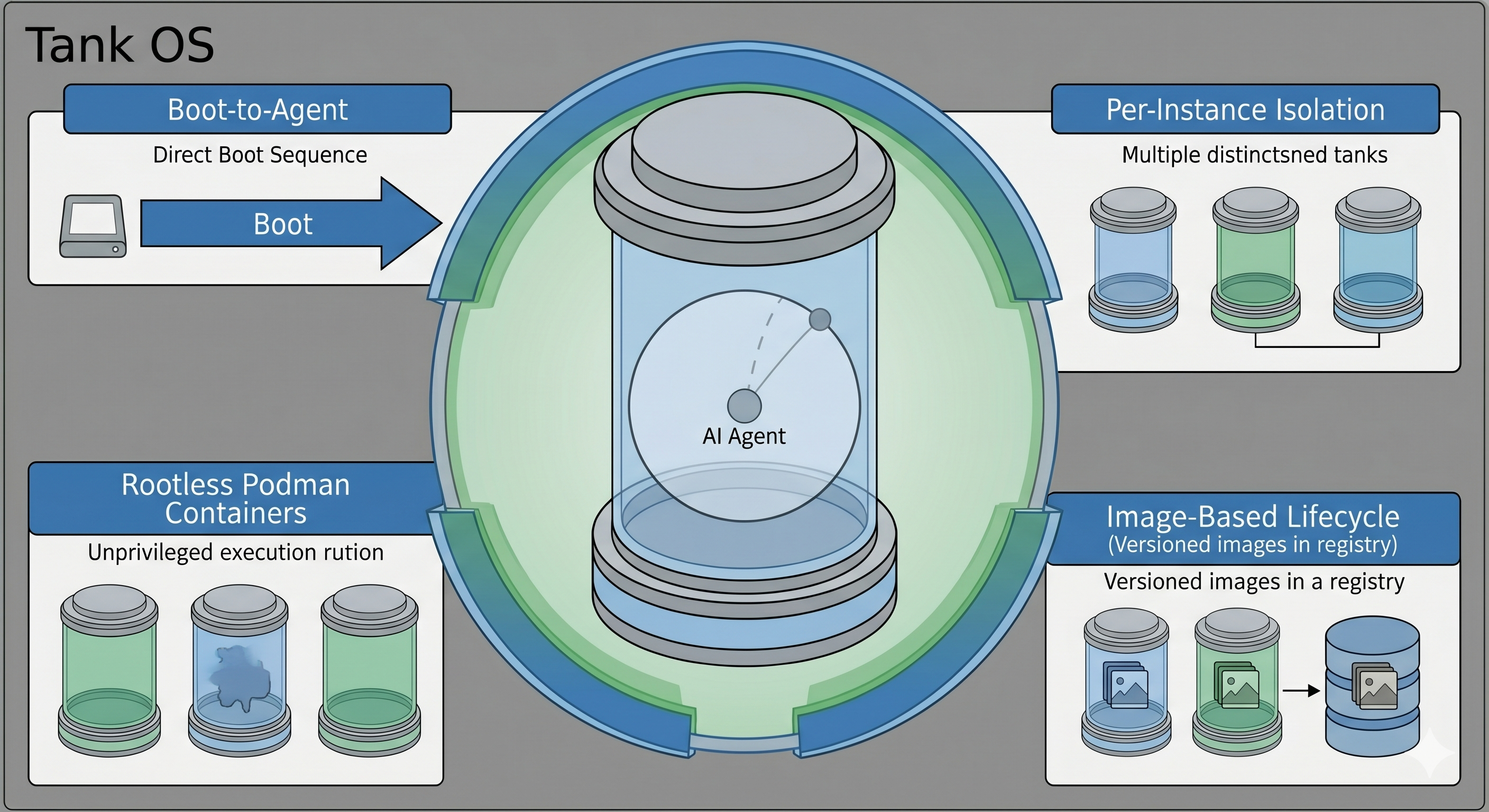 Blueprint diagram of Tank OS showing boot-to-agent, rootless Podman containers, per-instance isolation, and image-based lifecycle