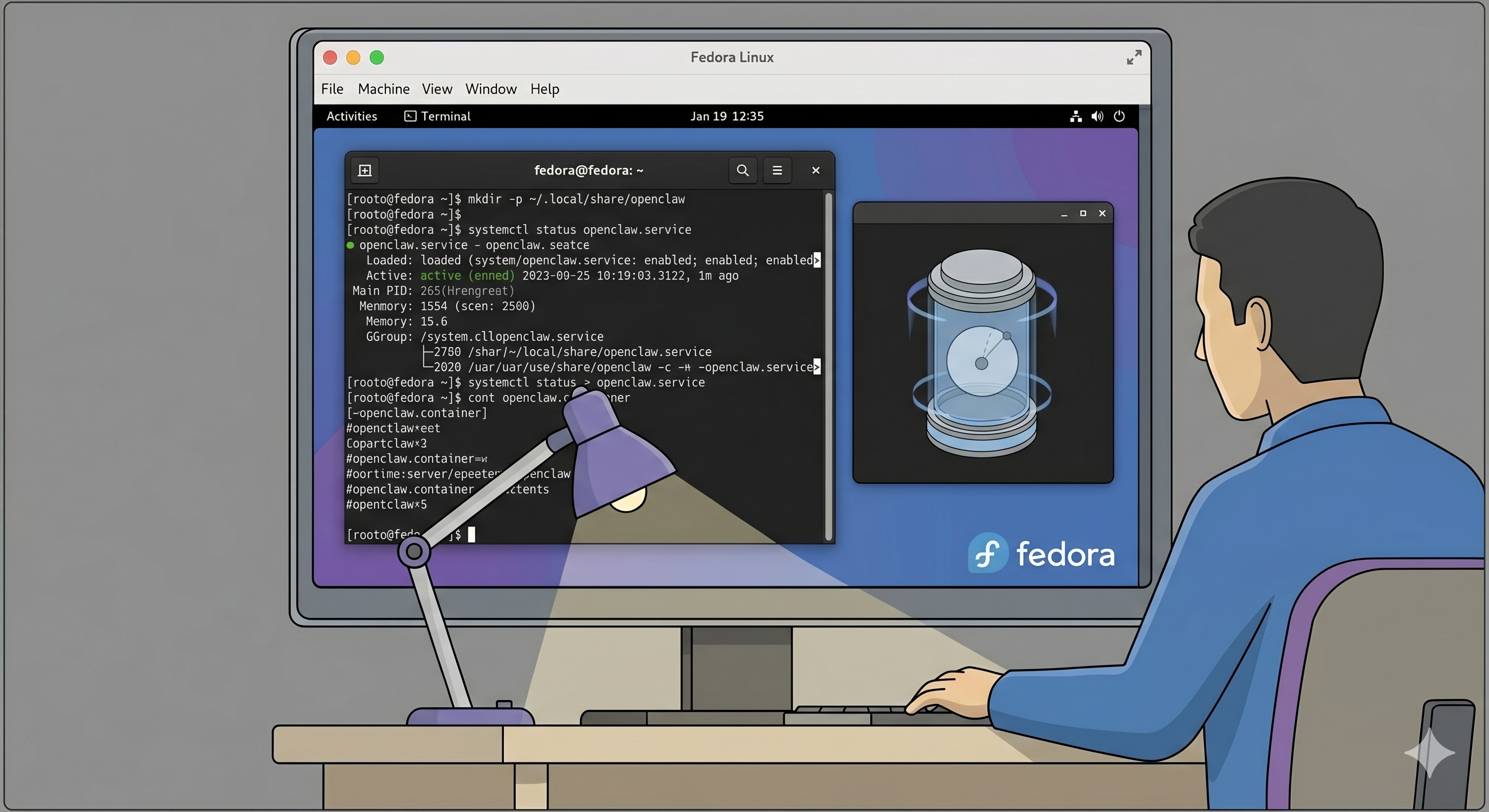 Fedora VM desktop with terminal showing openclaw.service status and a small agent tank forming