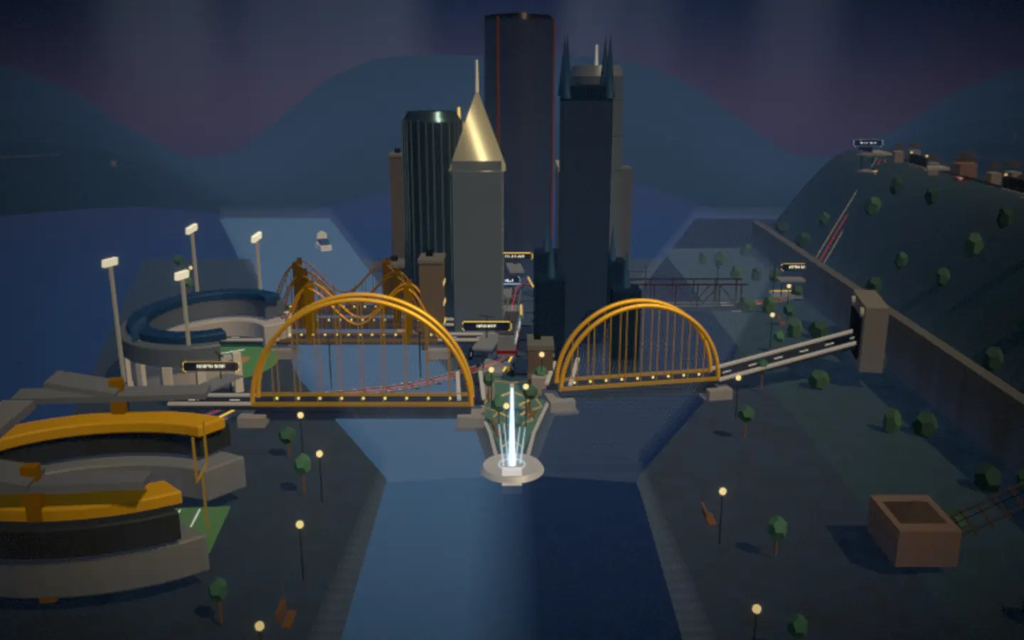 Blue-hour Pittsburgh diorama with the Point, rivers, bridges, stadiums, and skyline