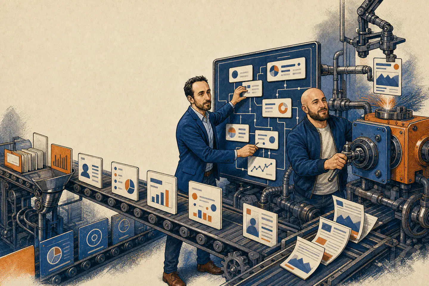 The founders operating a hand-built workflow machine that routes projects, client work, billing, and publishing.