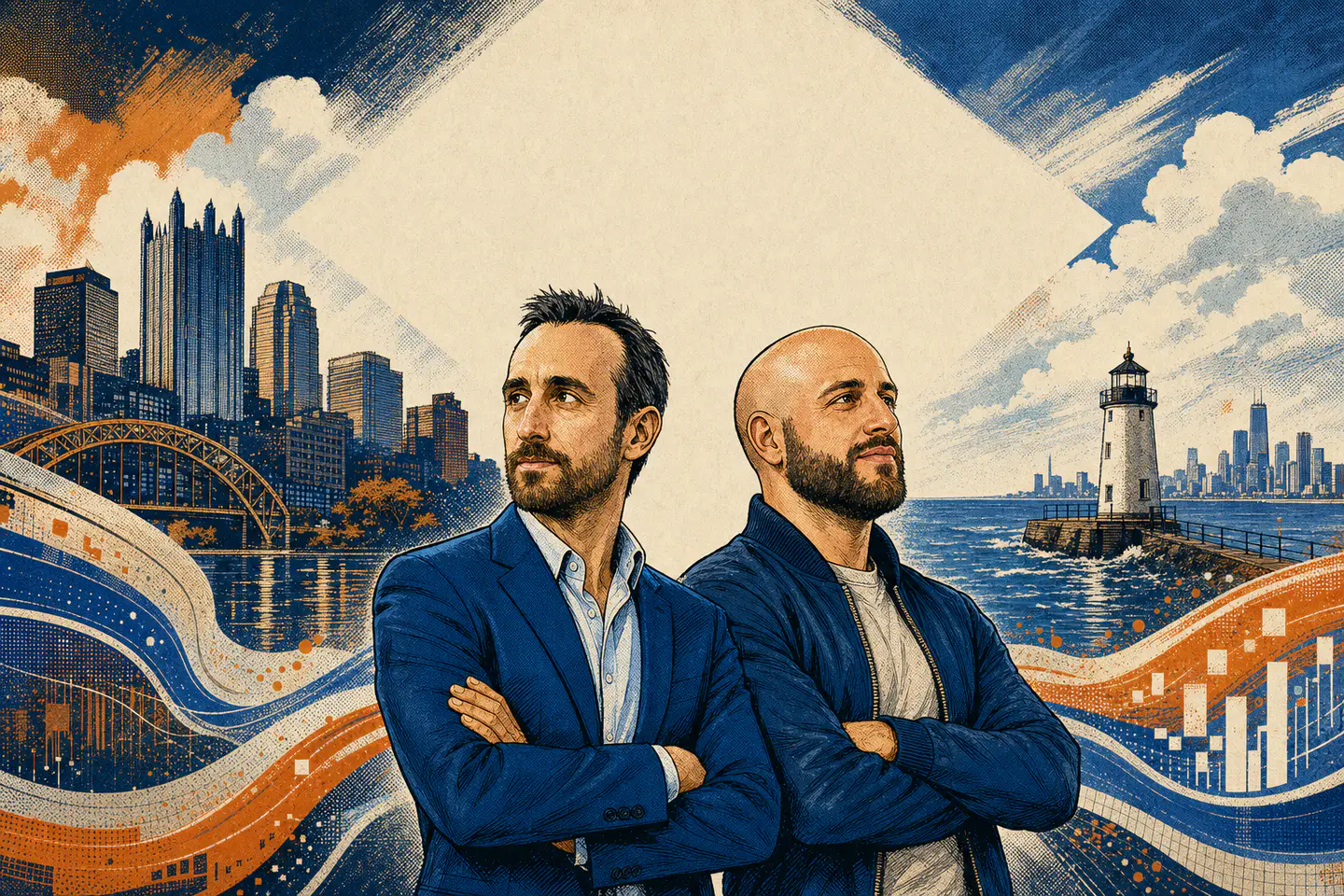 Illustrated Ai and Sons founders between Pittsburgh and a Great Lakes horizon