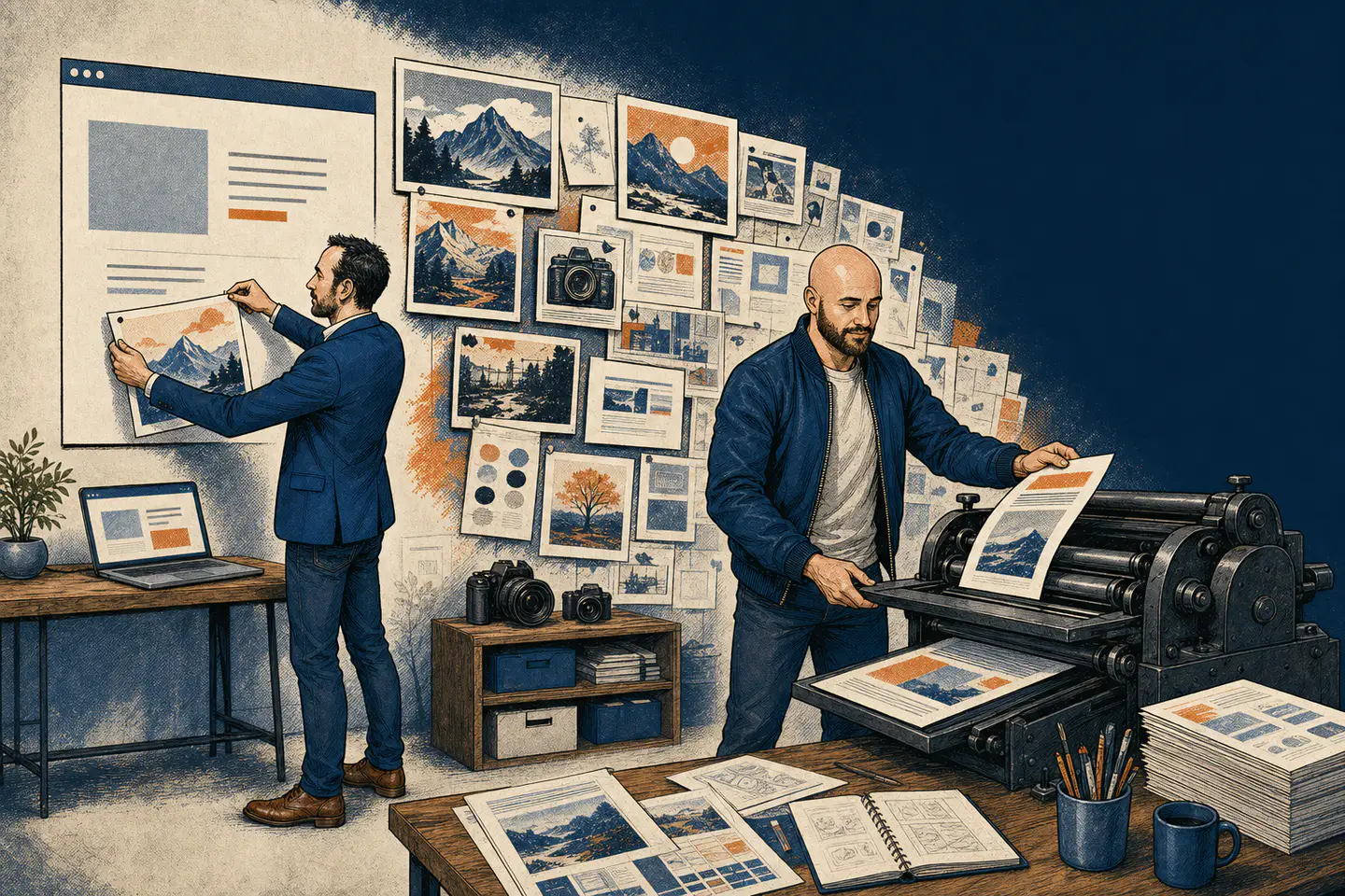 The founders turning project artwork and article pages into a growing publishing wall.