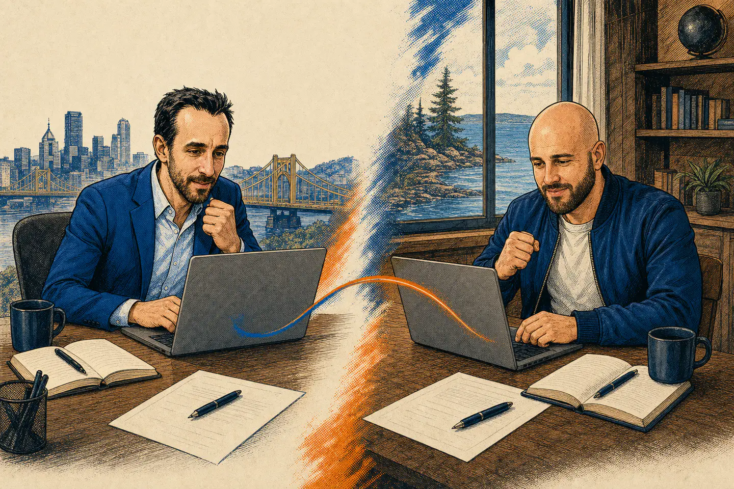 Luke and Aaron working together by video from separate offices in Pittsburgh and Michigan.